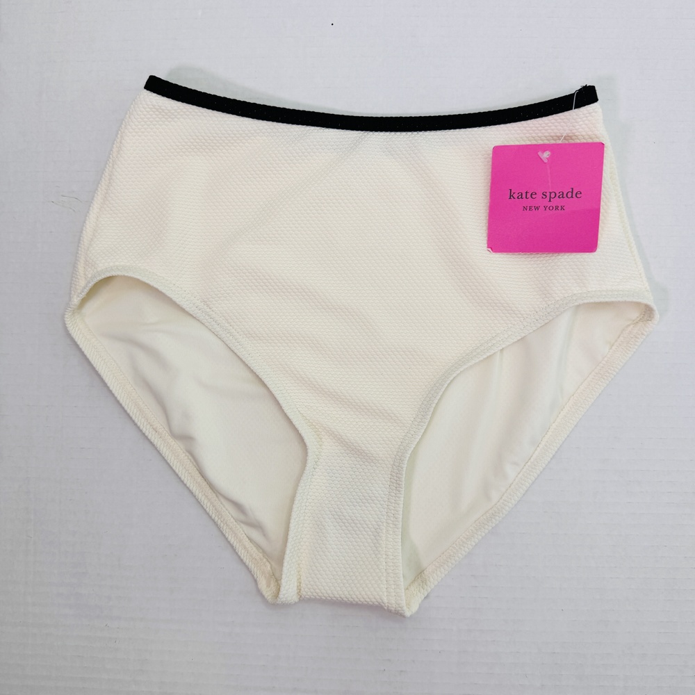 Kate Spade Swim Bottom Womens XS High Waisted Textured Bikini Cream White Black